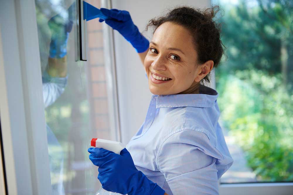 Woman using rag and sprayer for cleaning table with colleagues i